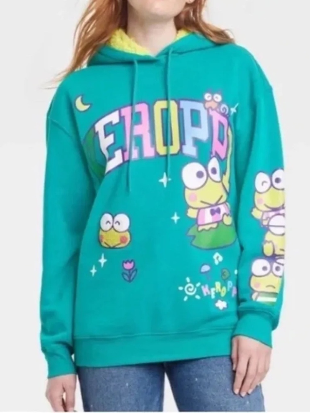 Sanrio Keroppi Graphic Hoodie Sweatshirt Fuzzy Lined Green Oversized Size XS - Picture 9 of 9